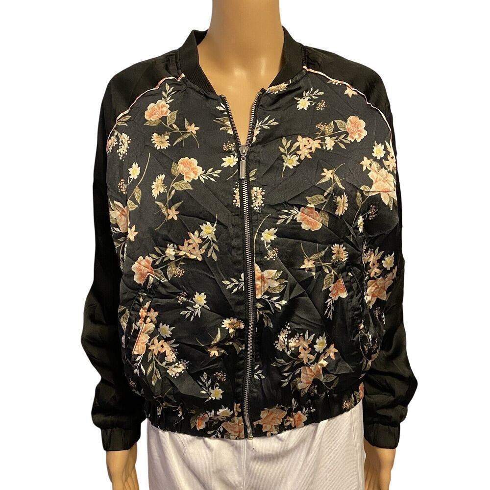 NEW LOOK Jacket Black Pink floral Sz L Women Junior Full Zip Pocket Rock Grunge